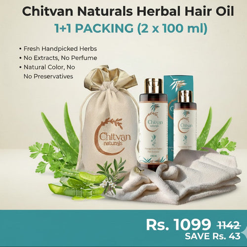 Chitvan Naturals Herbal Hair Oil packaging with a bag, bottles, and a towel on a light background.